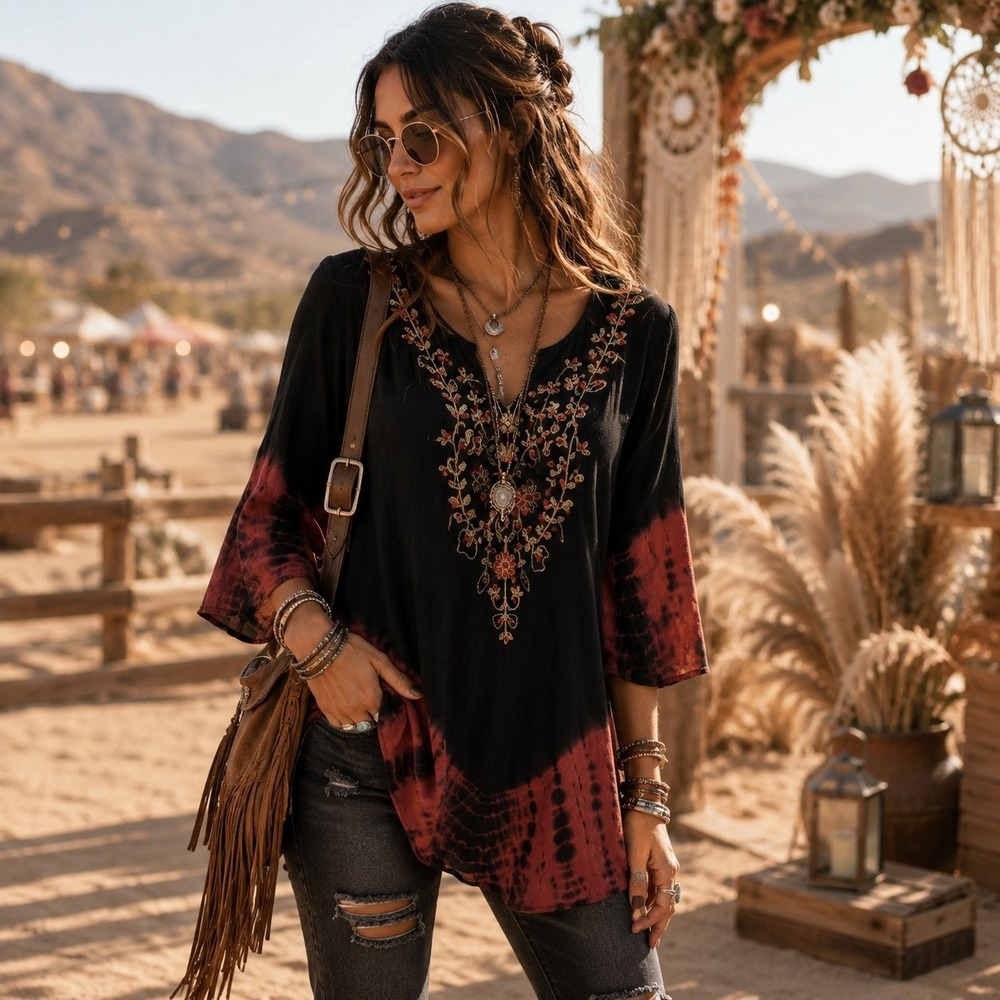 Riviera Sun Tunic Top L Black Red Tie Dye Sequin Embroidery Boho-Hippie Festival